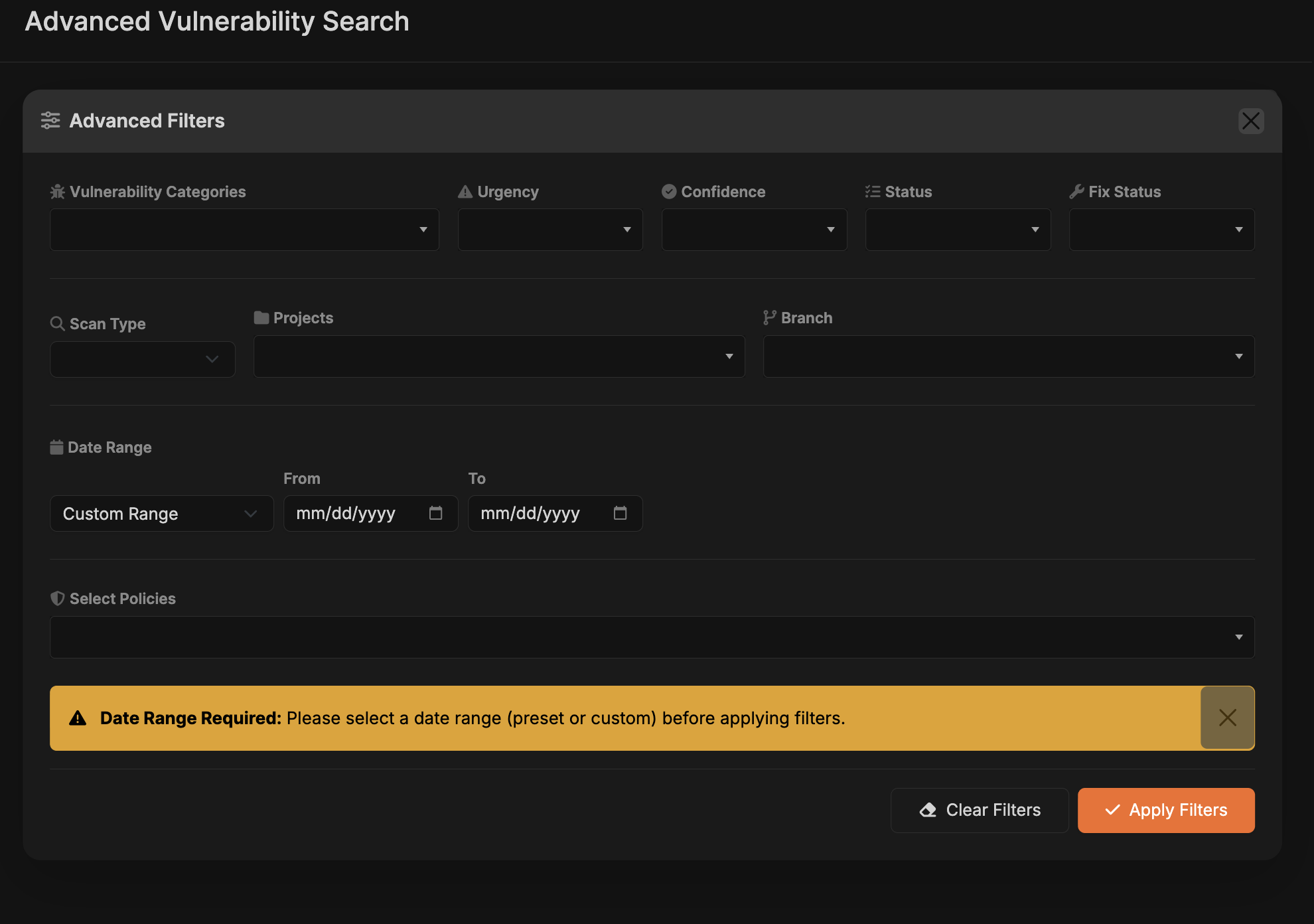 Advanced vulnerability search screen