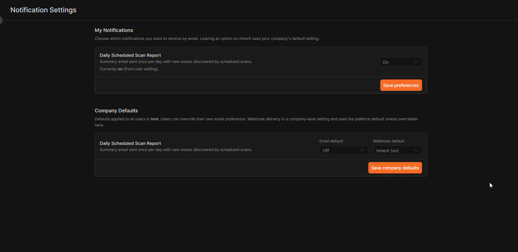 Notification preferences page for company admins, showing the Company Defaults section