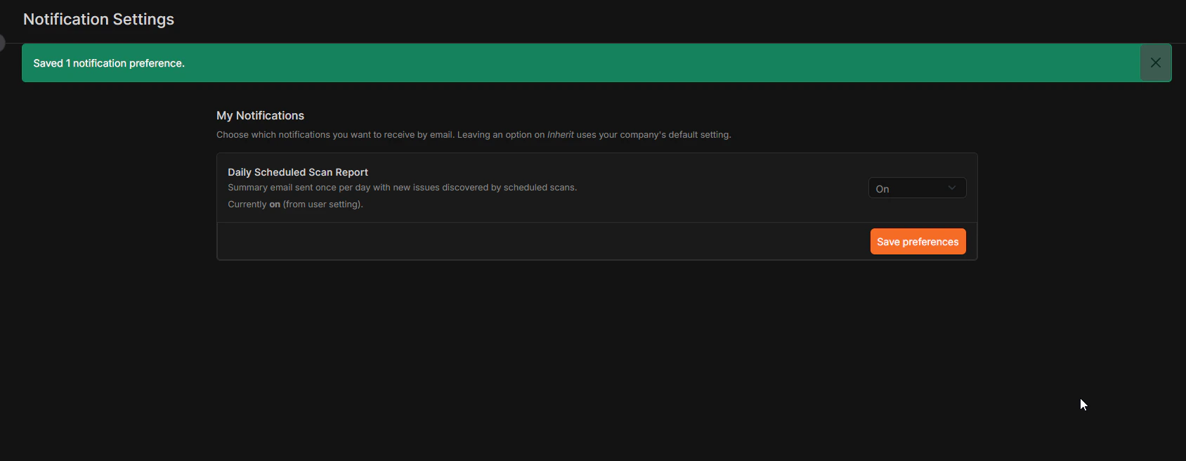 Notification preferences page for a non-admin user, without the Company Defaults section