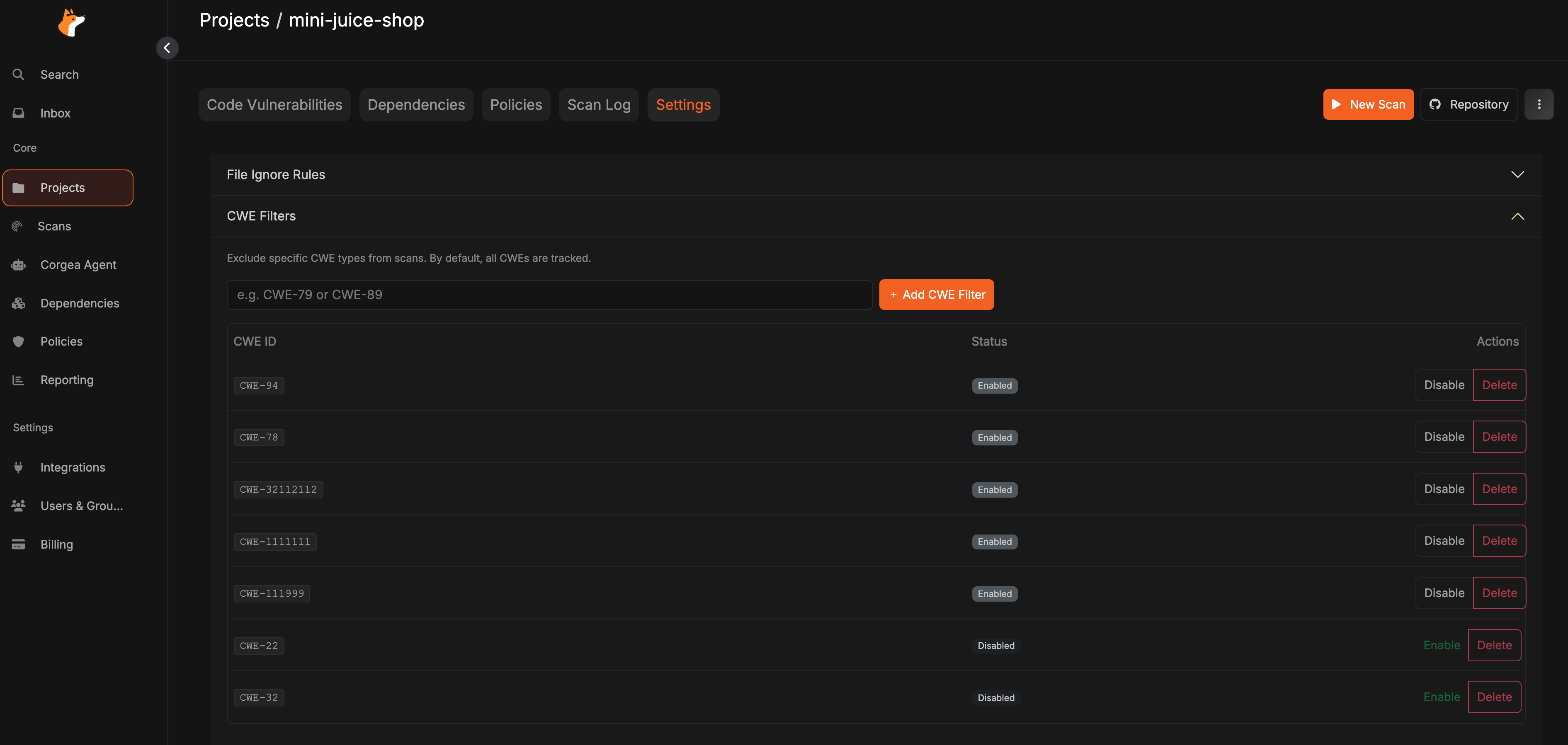 CWE Filters Configuration