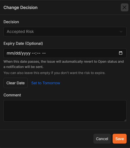 Accepted Risk Expiry Date Input