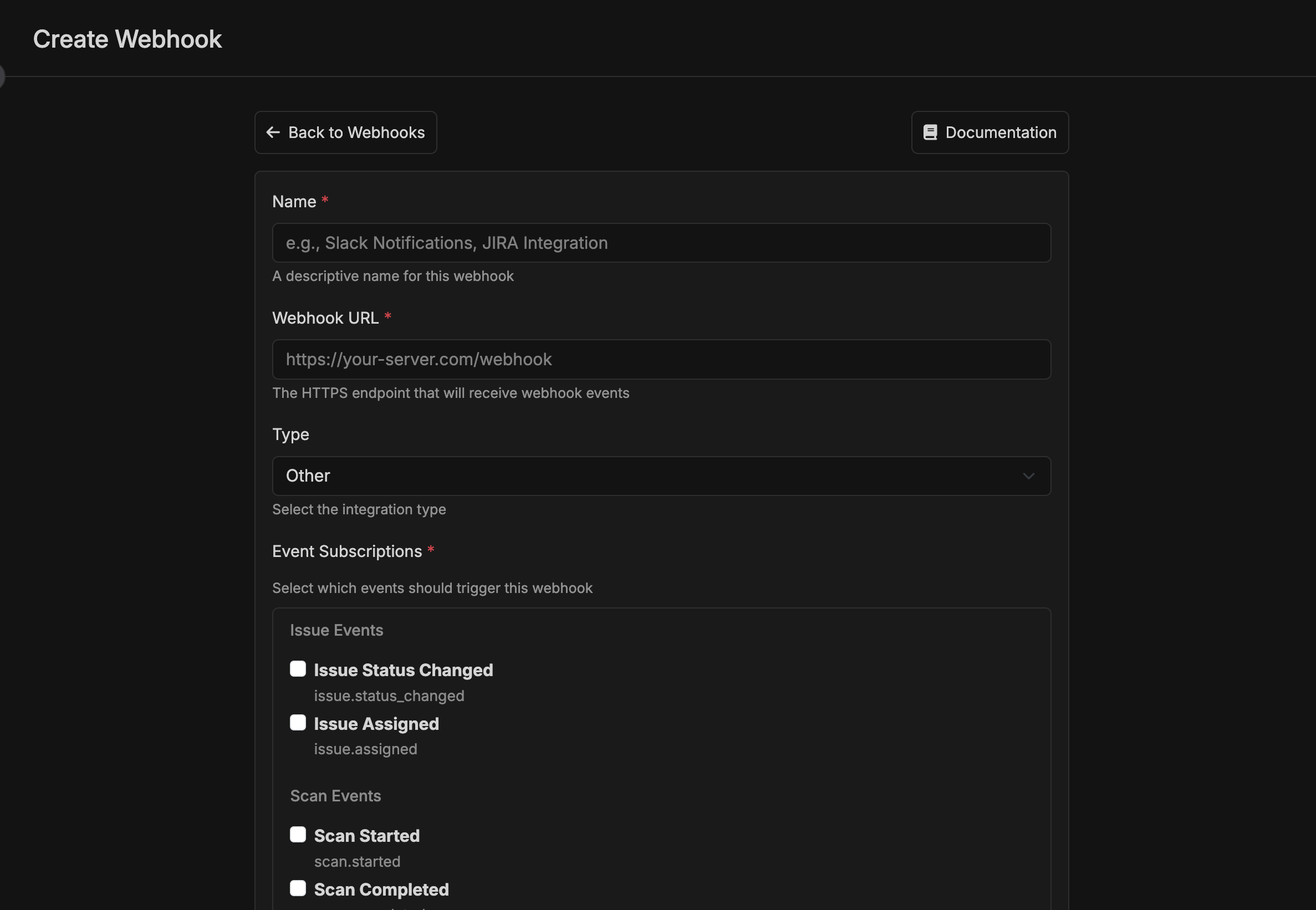 Create webhook form with configuration options