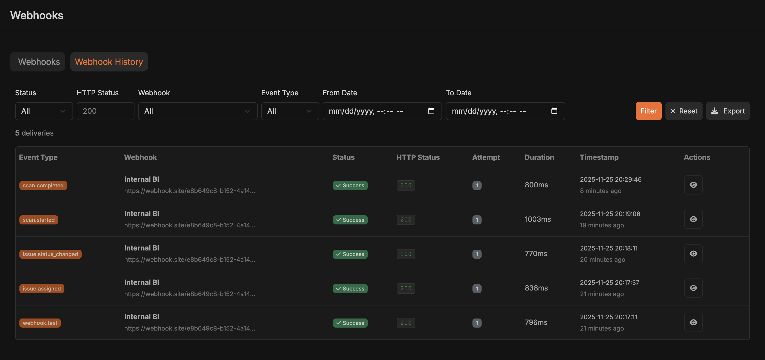 Webhook delivery history showing recent webhook attempts