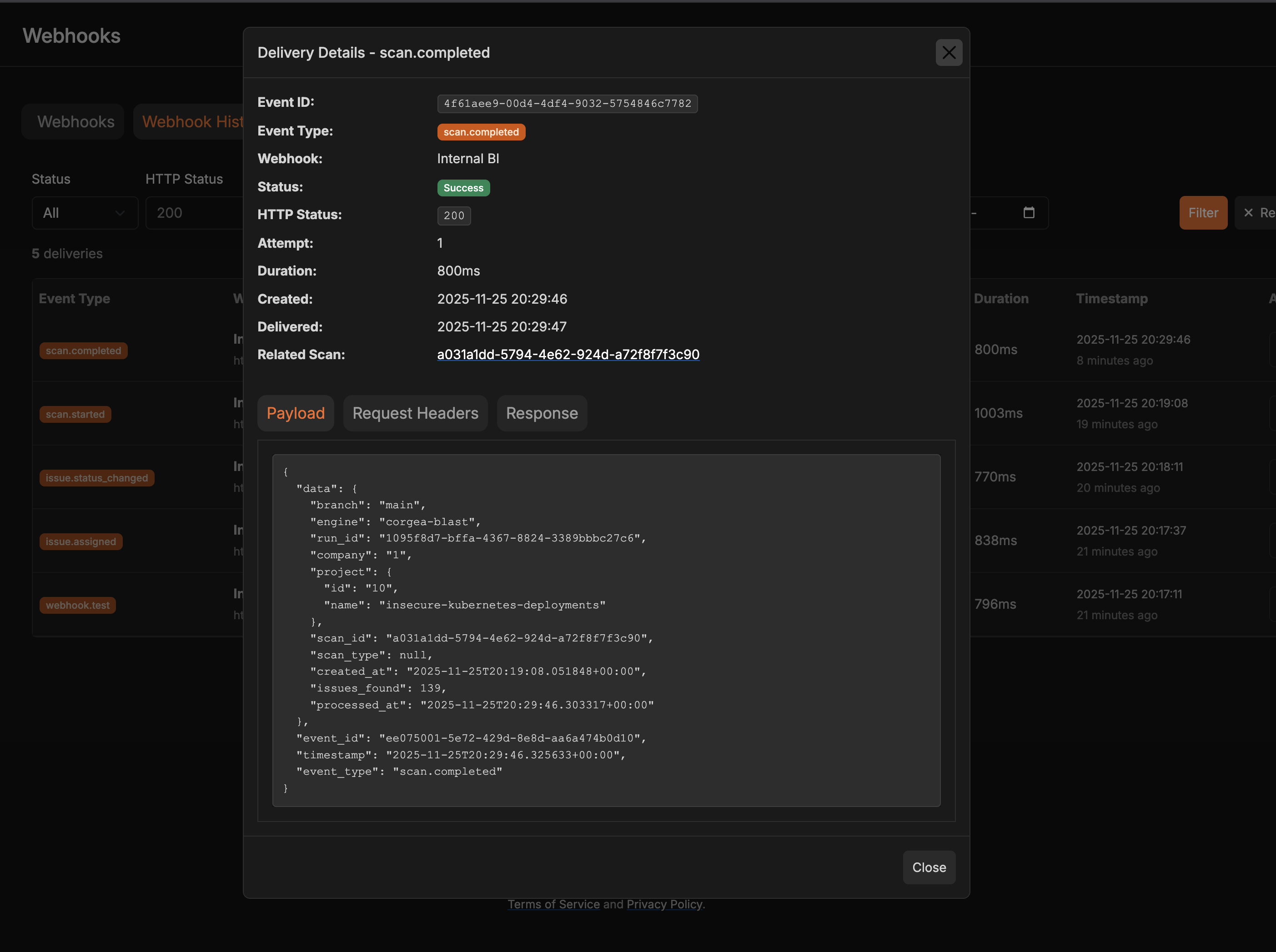 Detailed webhook delivery information including request and response