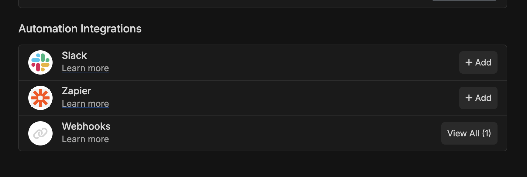 Webhooks management interface showing list of configured webhooks