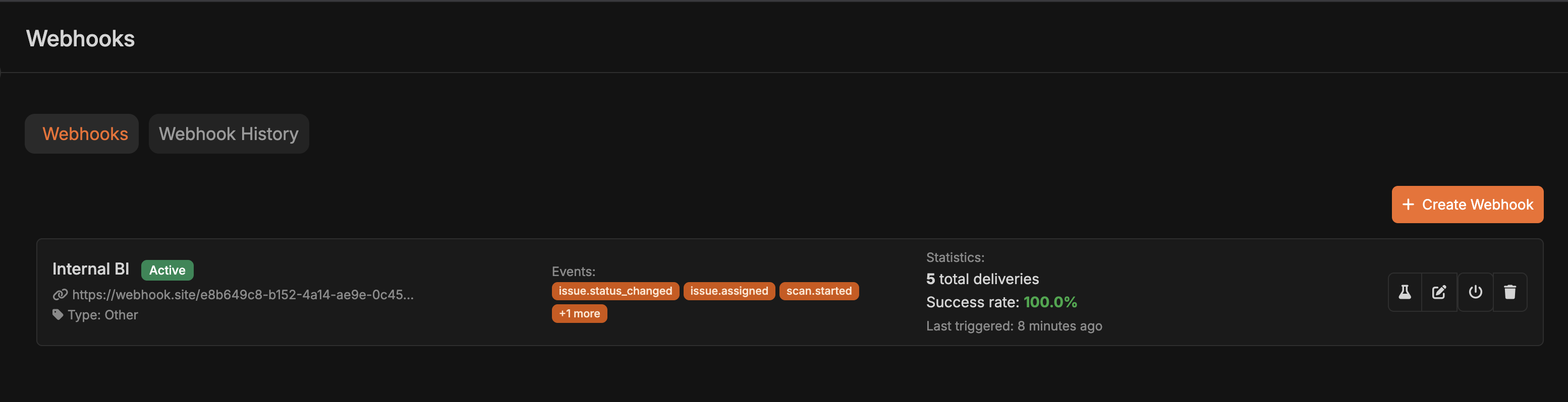 Webhooks management interface showing list of configured webhooks