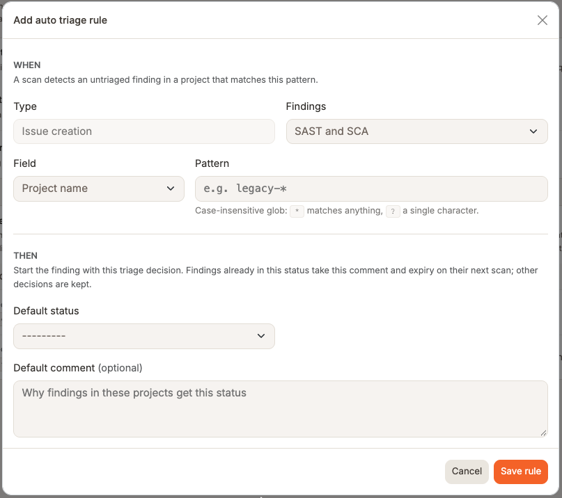 Add auto triage ruleダイアログ。Issue creationが選ばれ、PatternとDefault statusは空