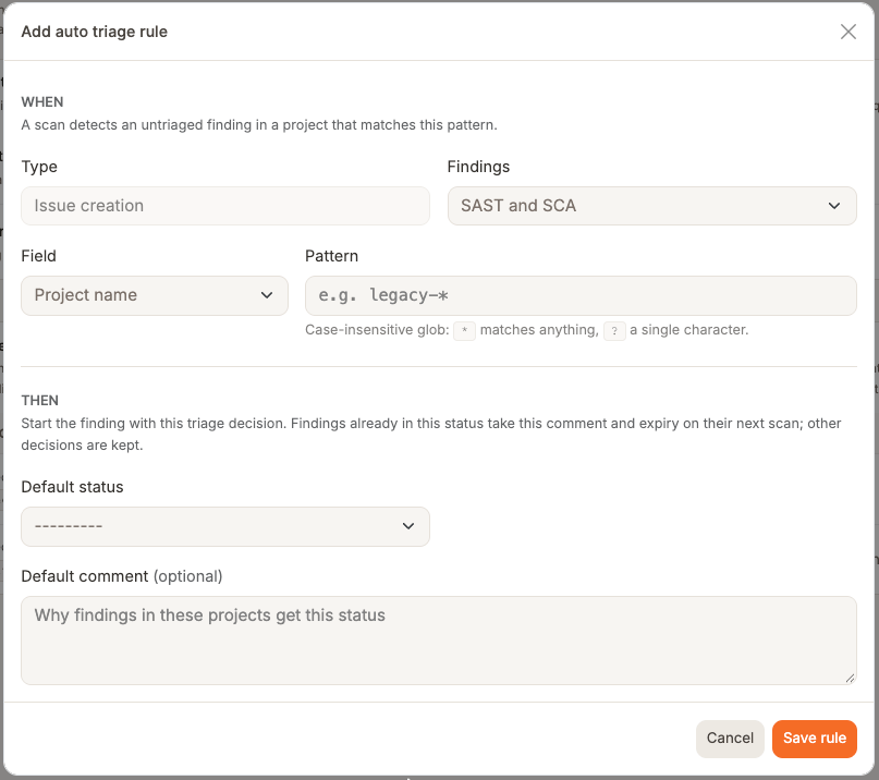 Add auto triage ruleダイアログ。Issue creationが選ばれ、PatternとDefault statusは空