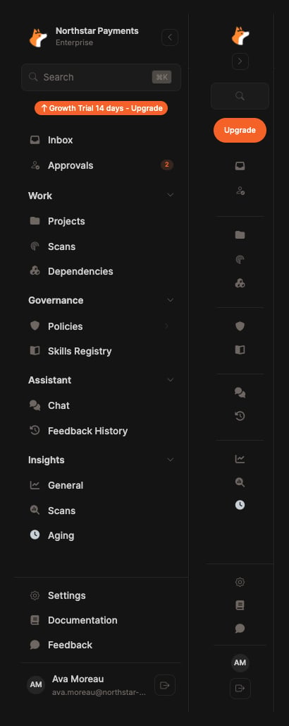 The Corgea sidebar expanded and collapsed, with Settings pinned at the bottom of both