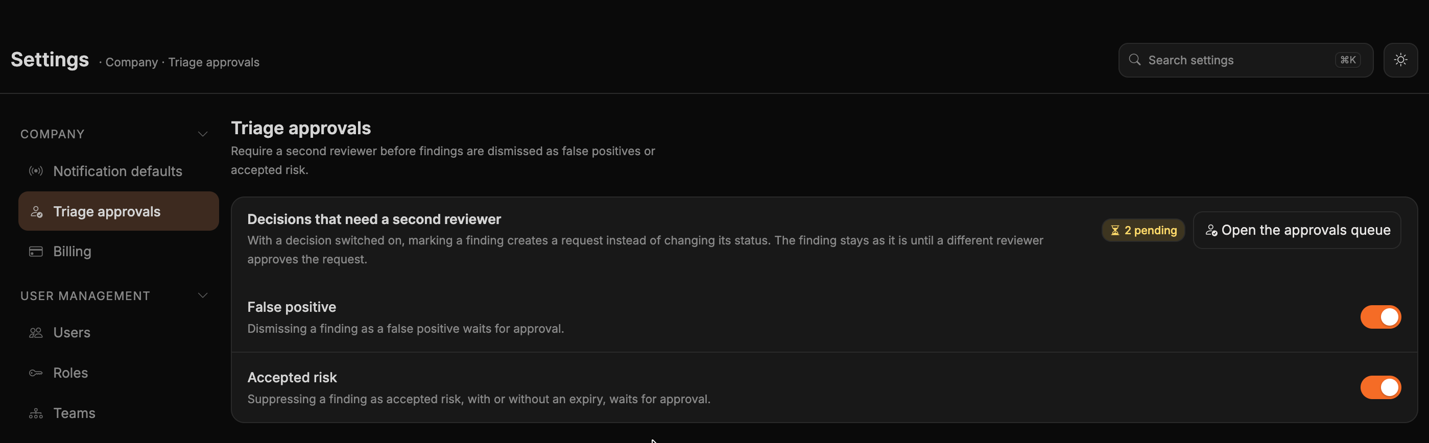 The Triage approvals page with False positive and Accepted risk switched on
