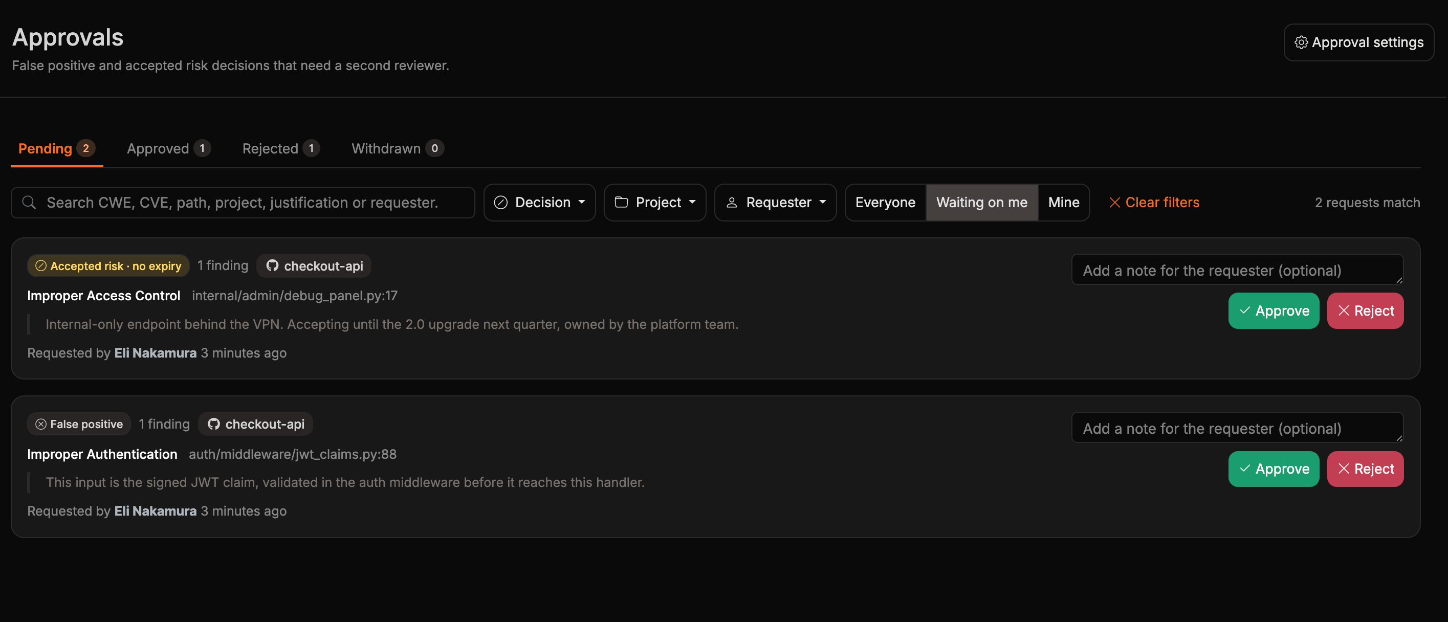 The approvals queue on Pending, filtered to Waiting on me