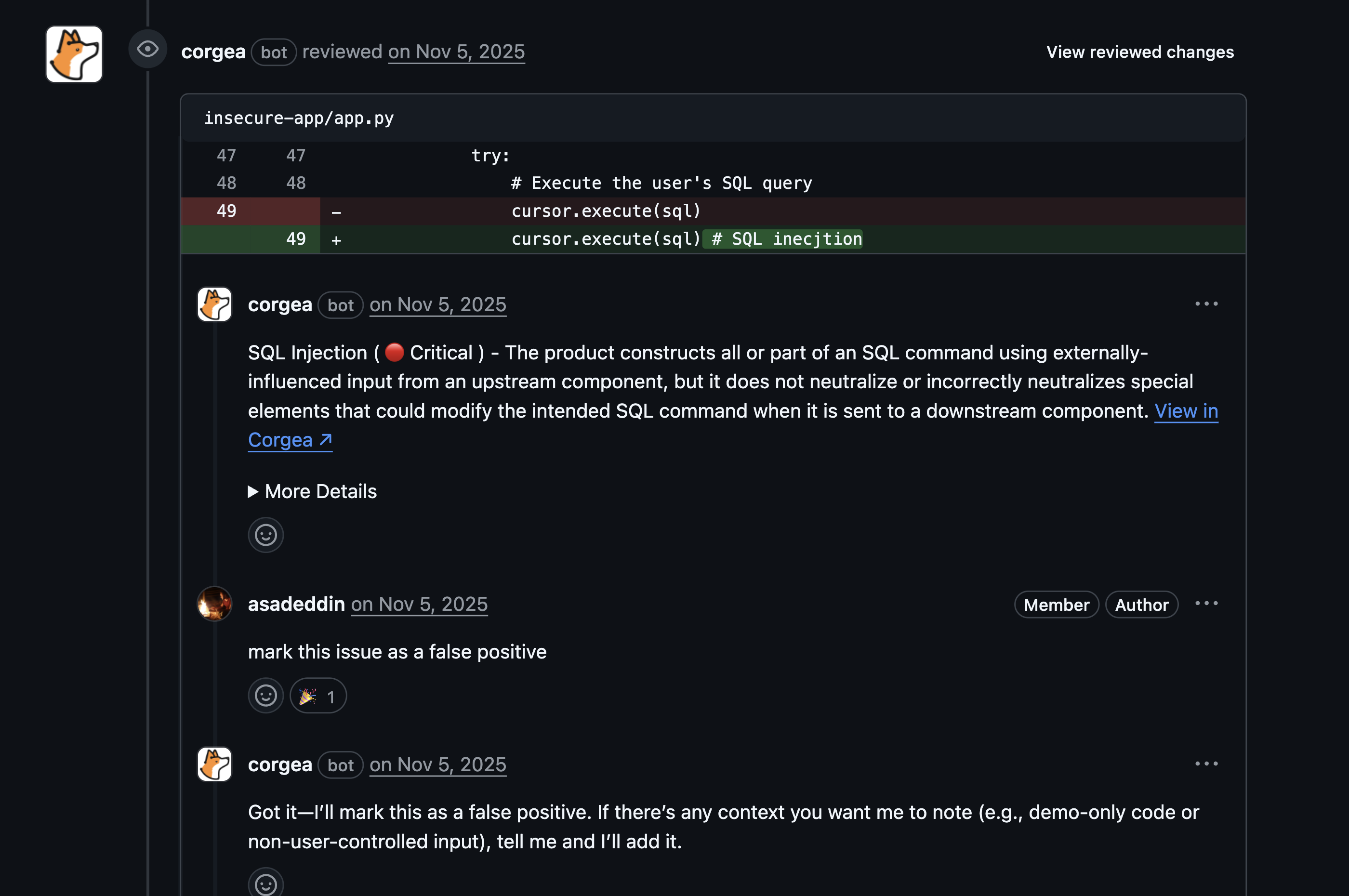Corgea Agent in GitHub Pull Request