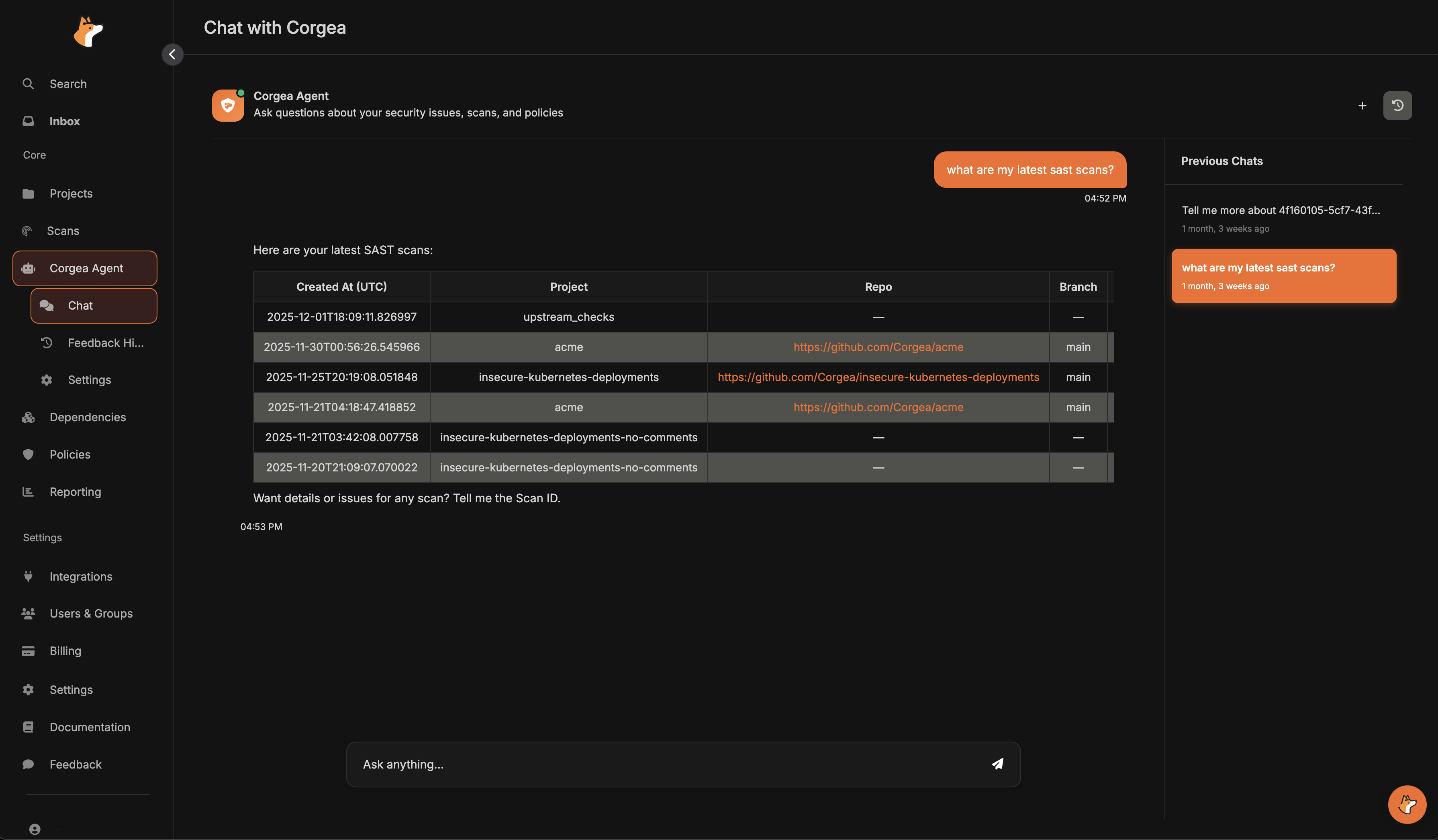 Example Chat Session with Corgea Agent