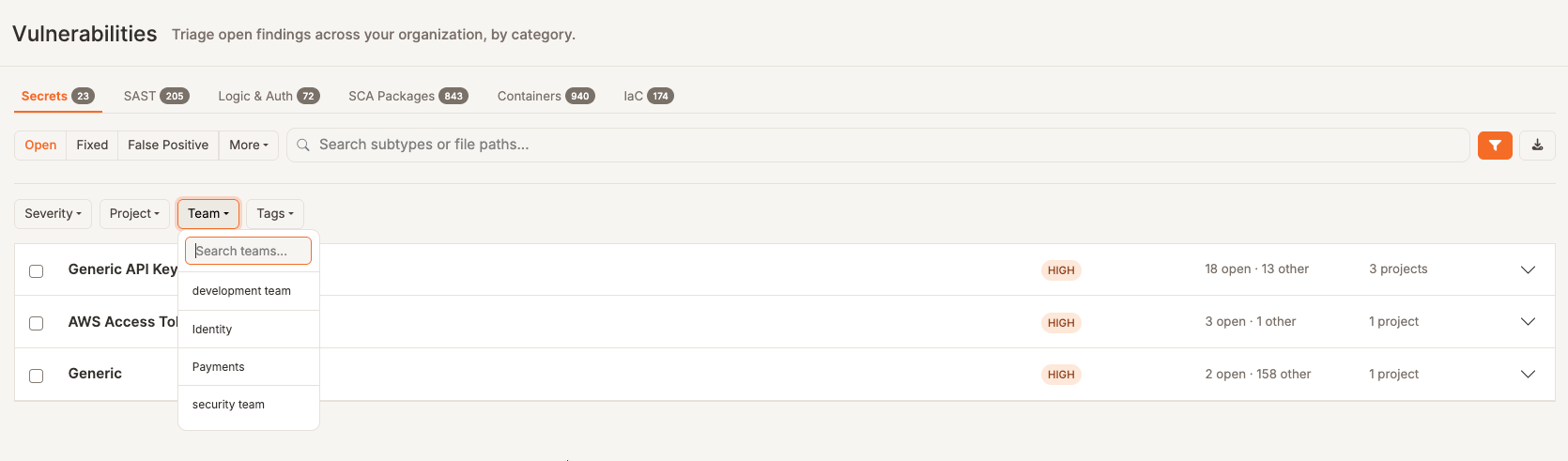 Vulnerabilities Workbench with the filter row open, showing Severity, Project, Team, and Tags