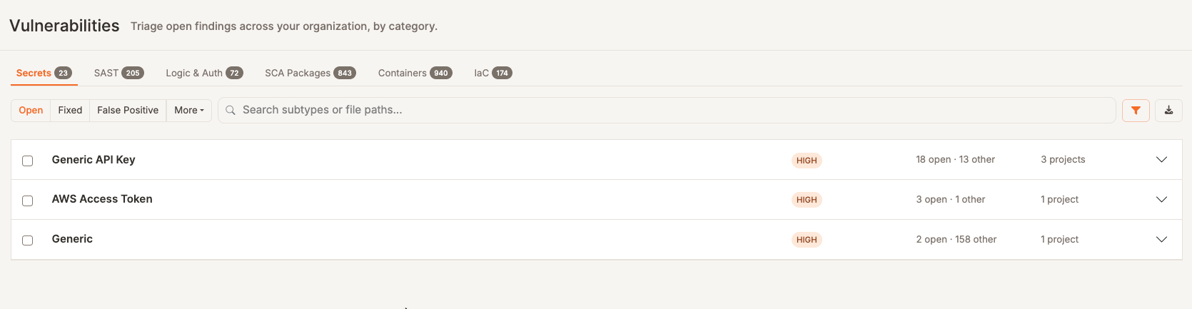 Vulnerabilities Workbench with finding-type tabs, status controls, search, a filter icon, and grouped findings