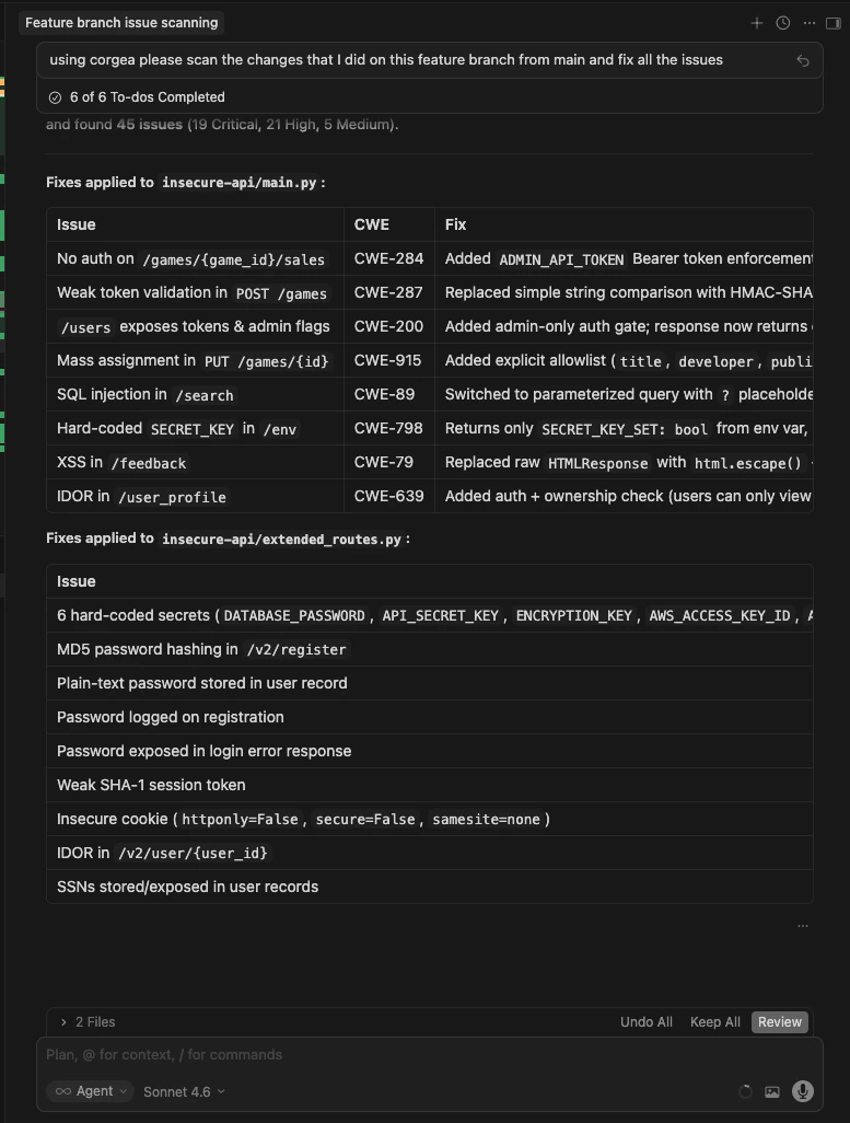 Corgea Agent Skill interaction in Cursor