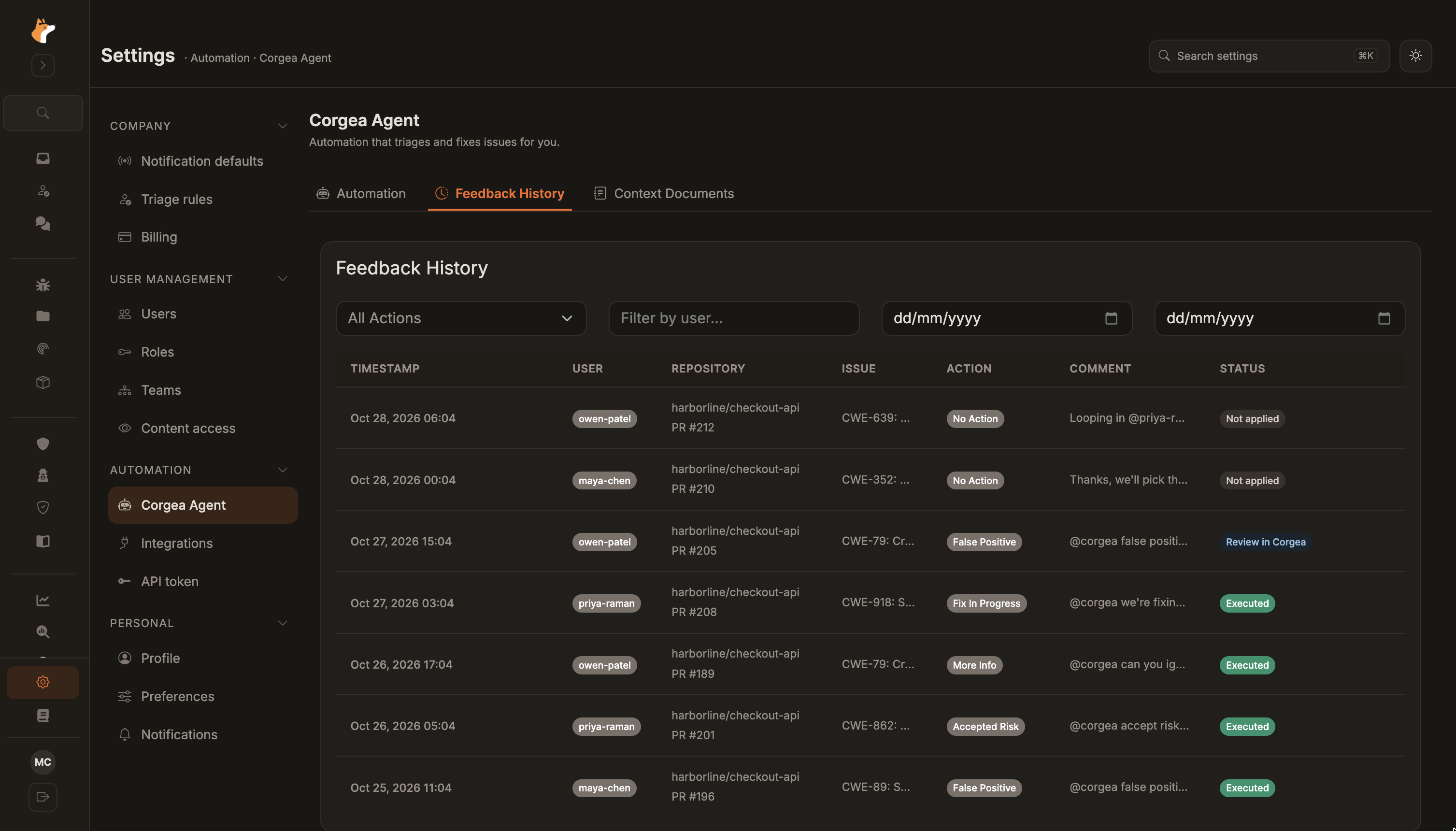 Feedback History Dashboard