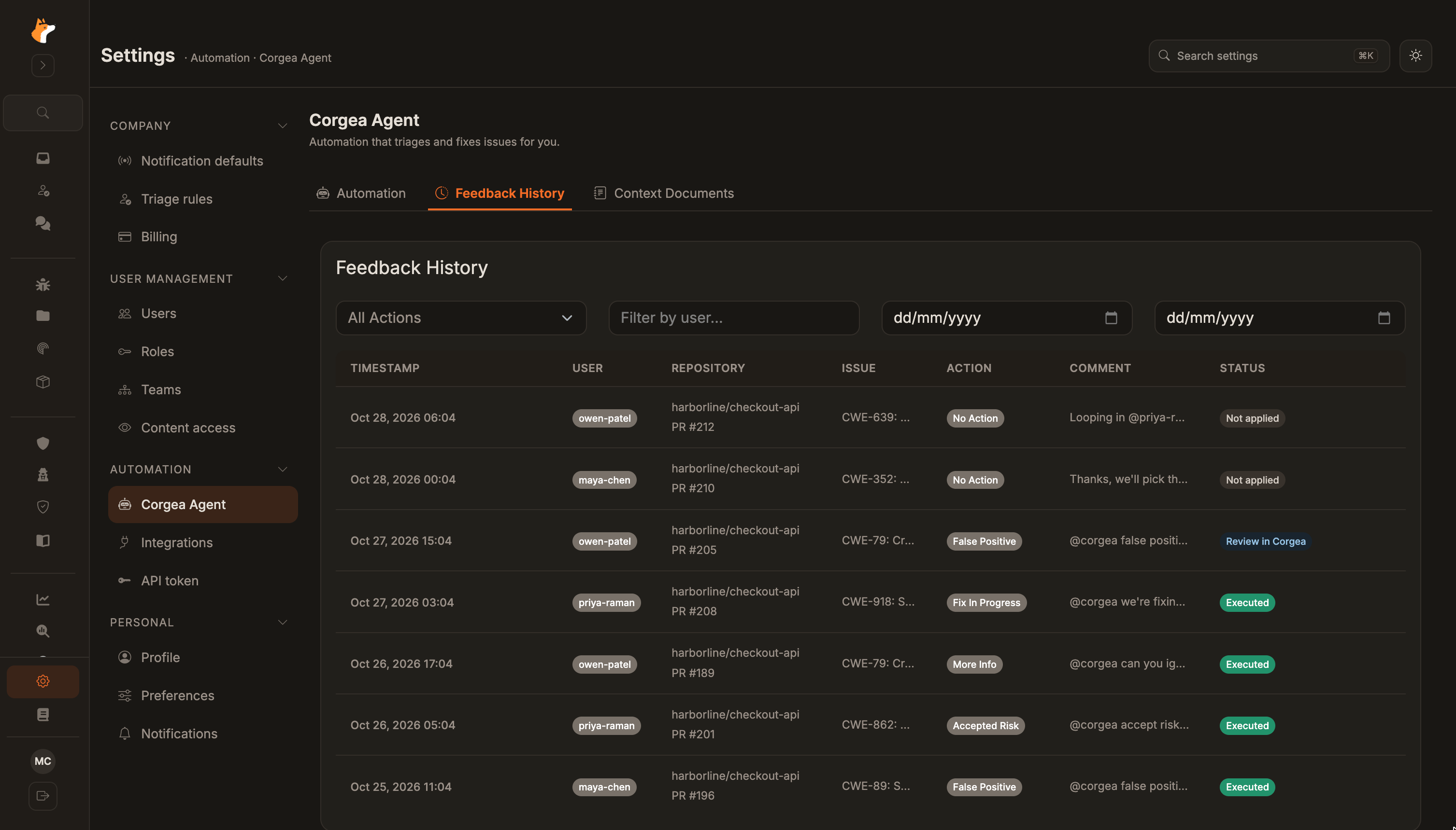 Feedback History Dashboard
