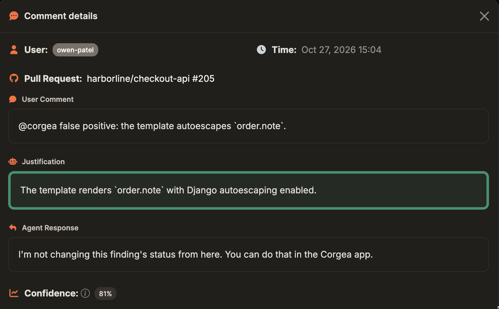 Feedback History entry details showing the user comment, justification, agent response, and confidence