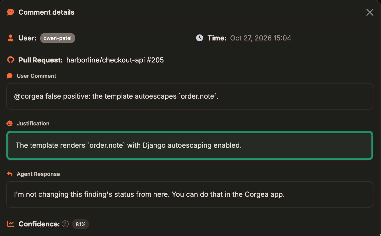 Feedback History entry details showing the user comment, justification, agent response, and confidence
