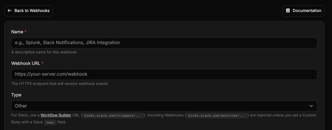 Create webhook form showing Name, Webhook URL, and Type fields