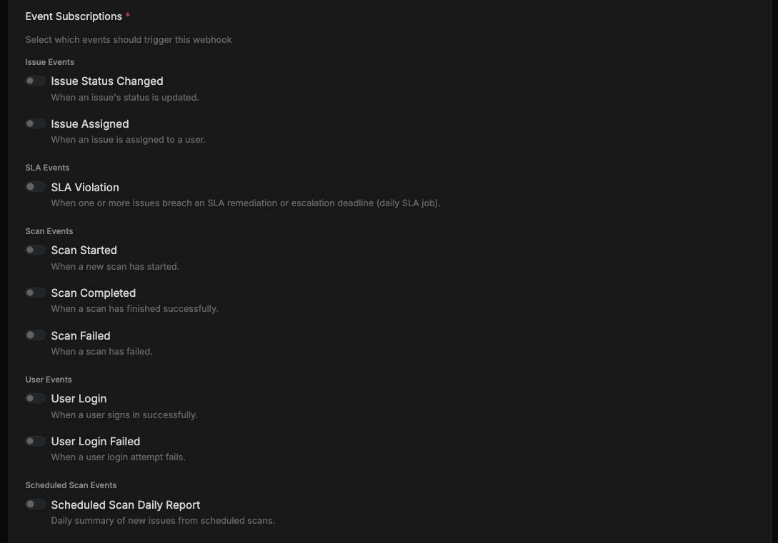 Event Subscriptions form with toggles for issue, SLA, scan, user, and scheduled scan events