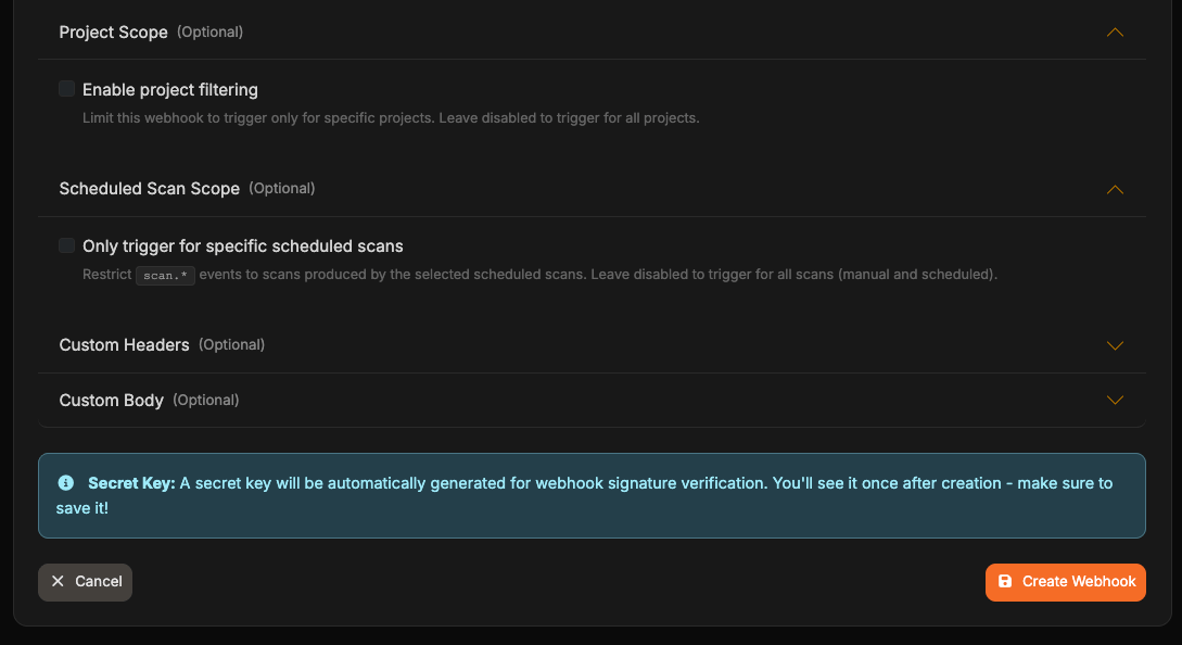 Project Scope, Scheduled Scan Scope, Custom Headers, and Custom Body sections