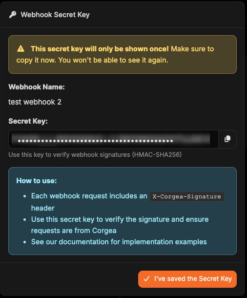 Webhook Secret Key popup shown once after creating a webhook