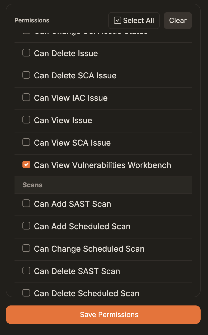 Role permissions list with Can View Vulnerabilities Workbench selected and the Save Permissions button