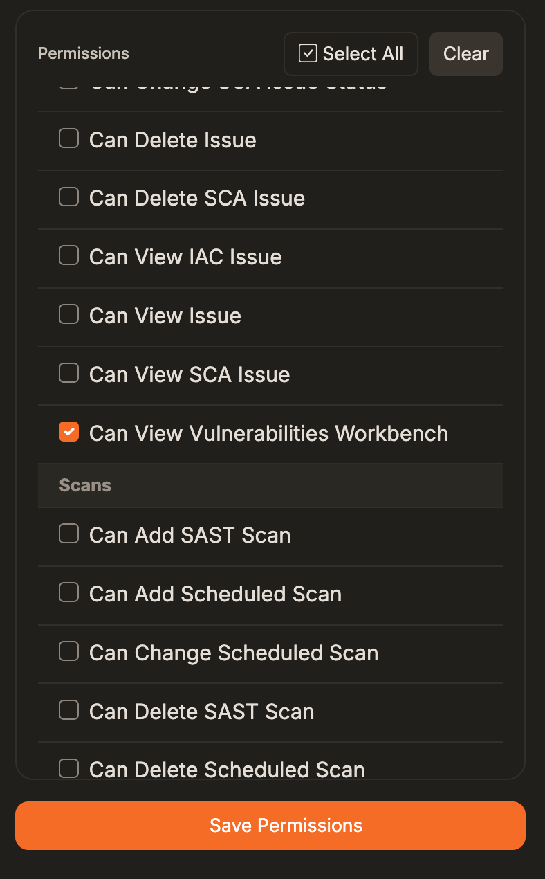 Role permissions list with Can View Vulnerabilities Workbench selected and the Save Permissions button
