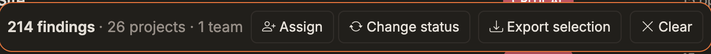 Bulk action bar with the selected finding, project, and team counts, and Assign, Change status, Export selection, and Clear