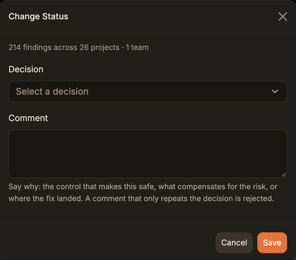 Change Status dialog with a Decision menu and a required comment. Expiry Date appears after Accepted Risk is selected.