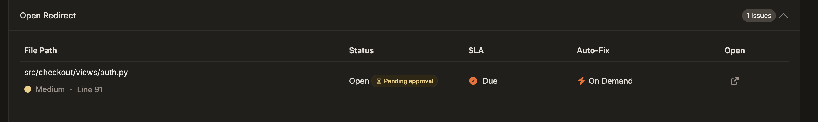 Expanded finding group on a scan page with a Pending approval badge next to the Open status