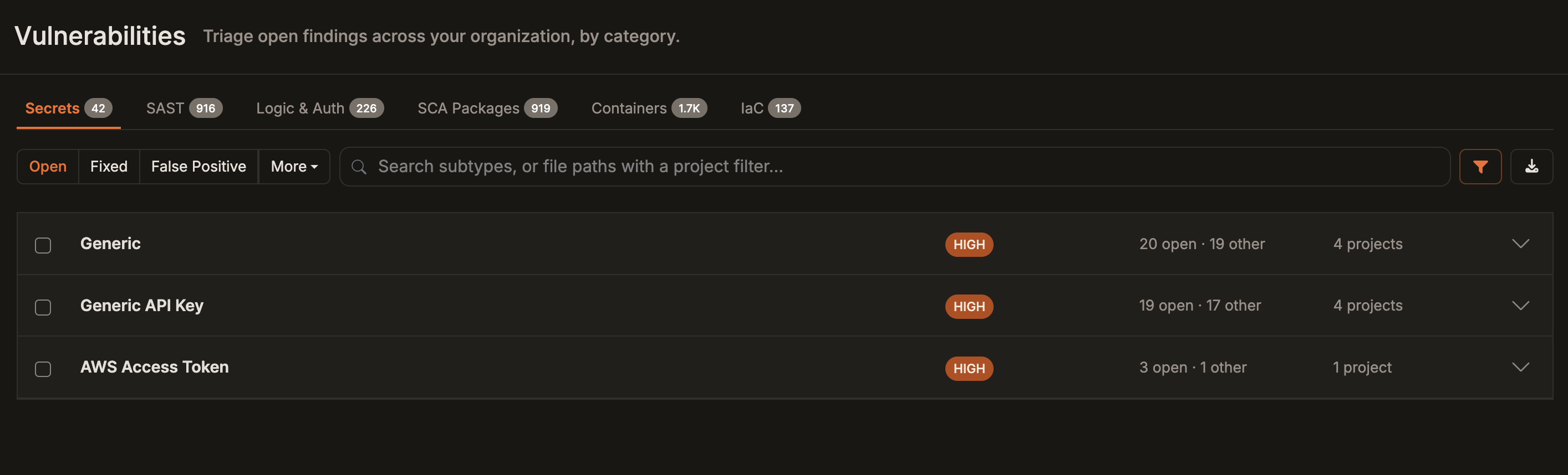 Vulnerabilities Workbench with finding-type tabs, status controls, search, a filter icon, and grouped findings