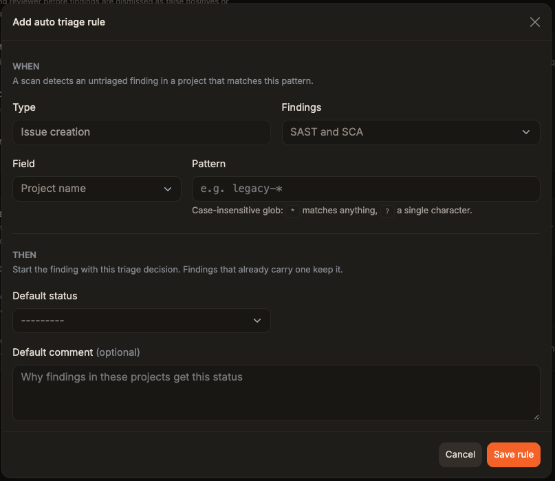 Boîte de dialogue Add auto triage rule avec Issue creation sélectionné, un Pattern vide et un Default status vide