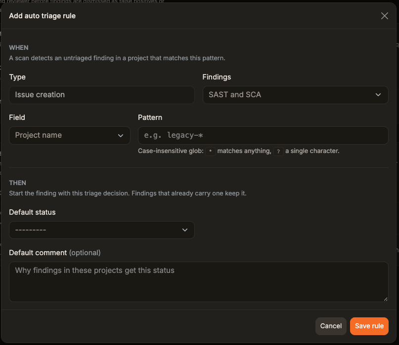 Boîte de dialogue Add auto triage rule avec Issue creation sélectionné, un Pattern vide et un Default status vide