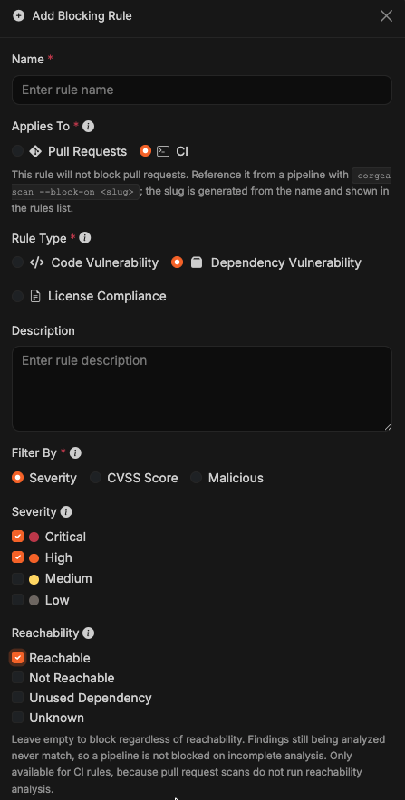 Add Blocking Rule modal with CI and Dependency Vulnerability selected and Reachable checked under Reachability
