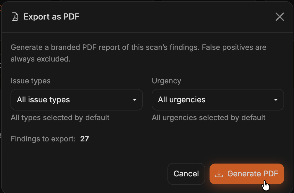 Exportar como PDF modal con filtros de tipo de incidencia y urgencia