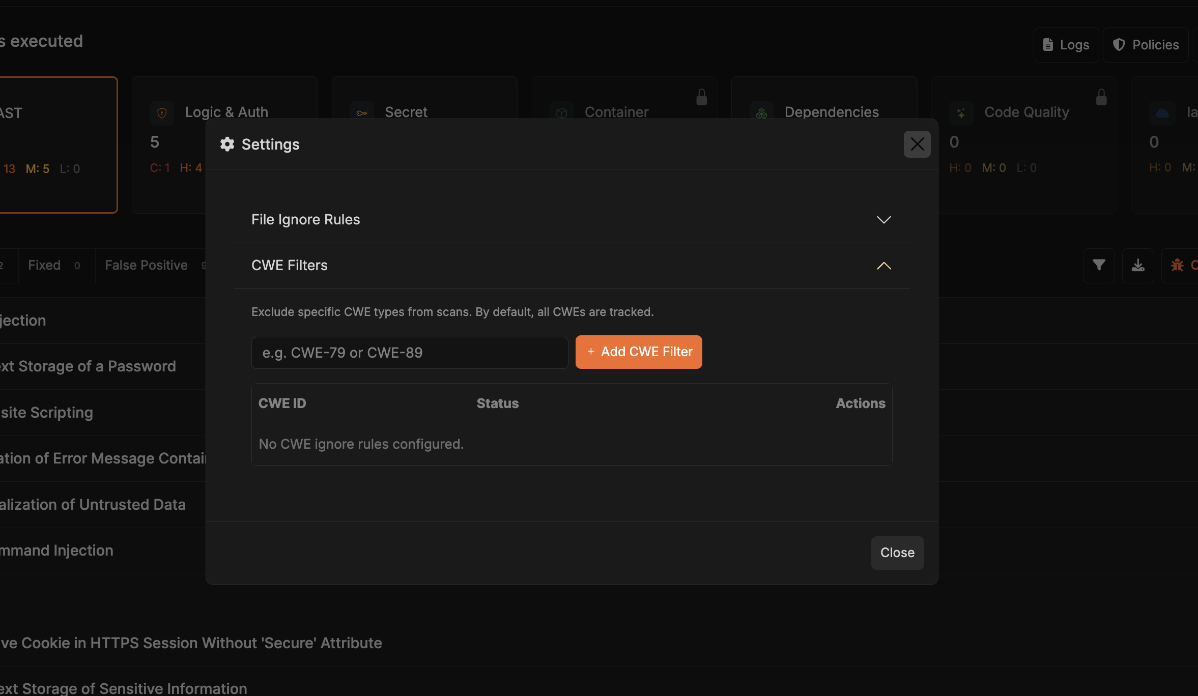 CWE Filters Configuration