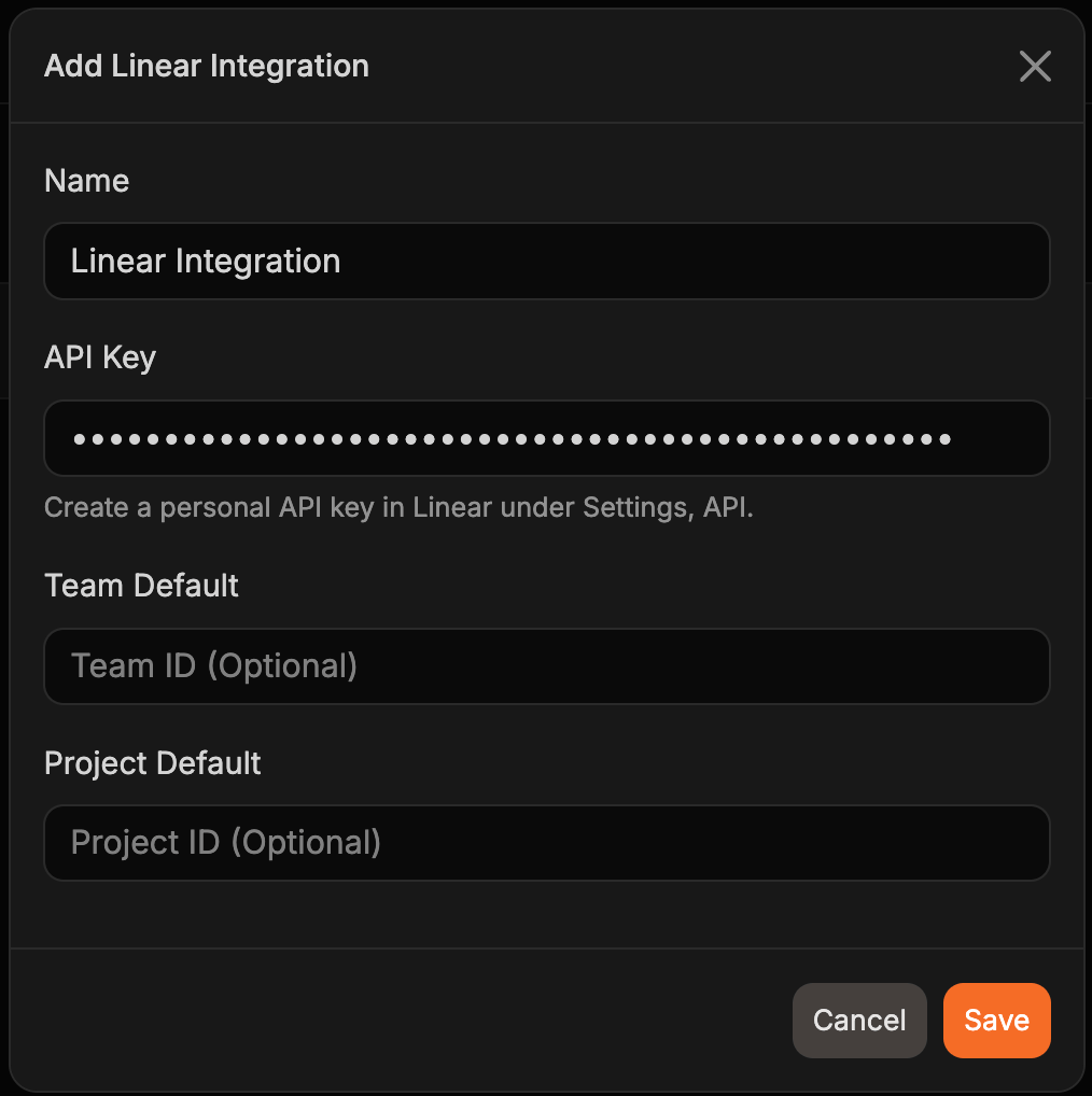 The Add Linear Integration dialog