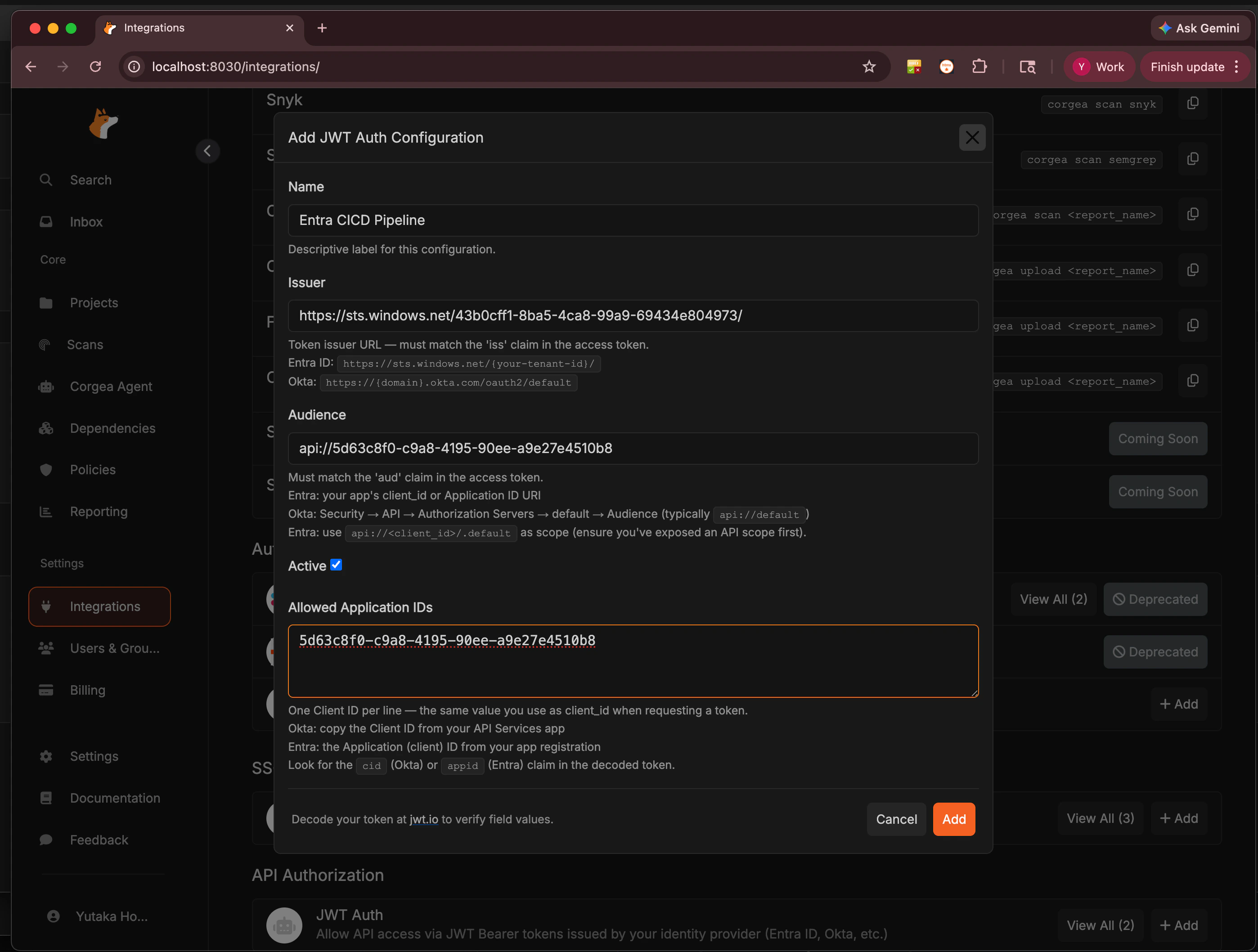 Add JWT Auth Configuration form in Corgea