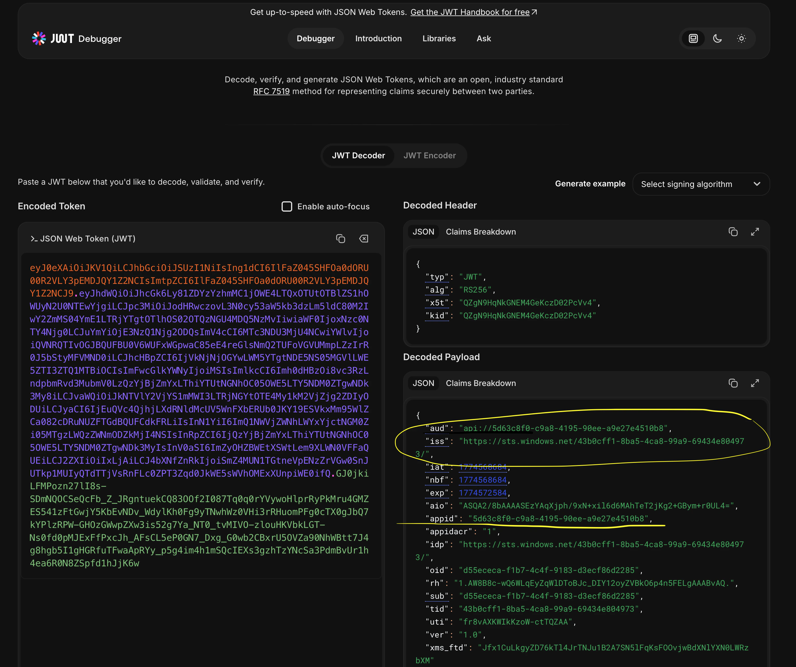 Decoding a JWT token at jwt.io to verify iss and aud claims