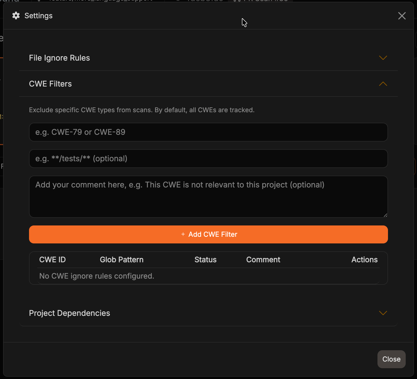 CWE Filters Configuration