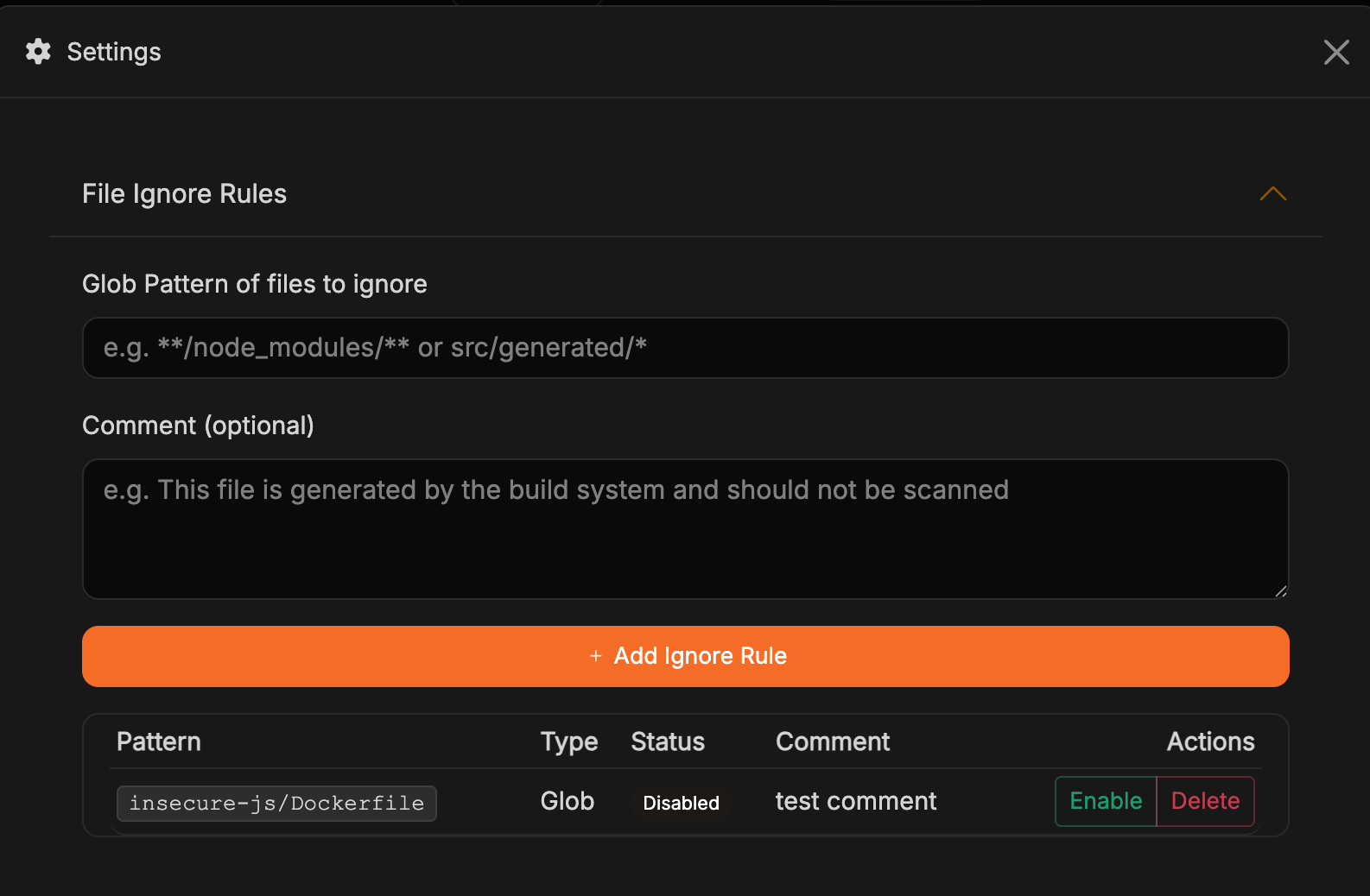 A disabled file ignore rule