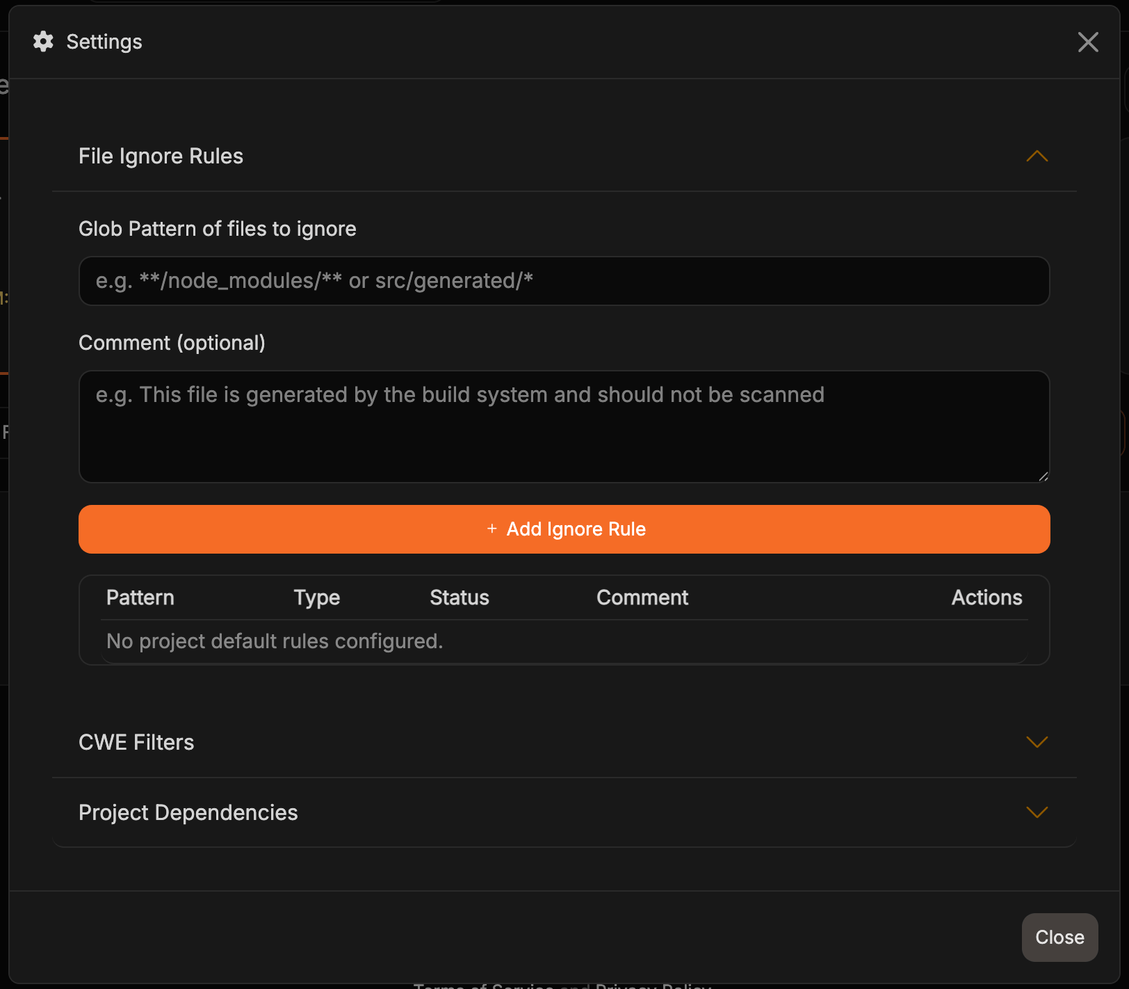 File Ignore Rules Configuration