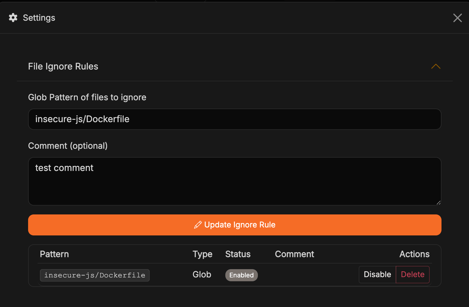 Updating an existing file ignore rule