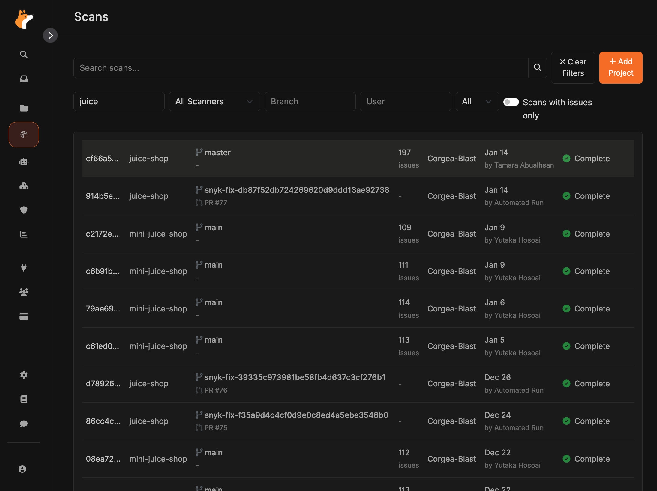 Scan log view listing scan runs
