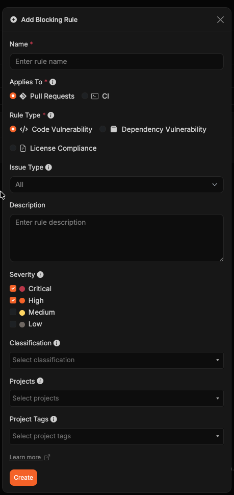 Add Blocking Rule modal with Applies To, rule types, and Issue Type