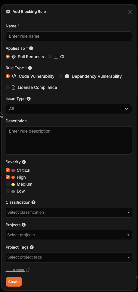 Add Blocking Rule modal with Applies To, rule types, and Issue Type