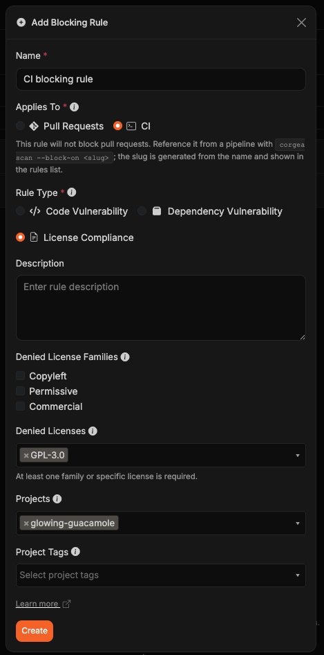 Add Blocking Rule modal with CI selected and License Compliance configured